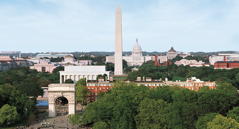 Washington Square Park with DC monument and Capitol building in background