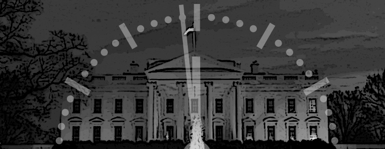 The U.S. White House at night, with a clock face overlaid.