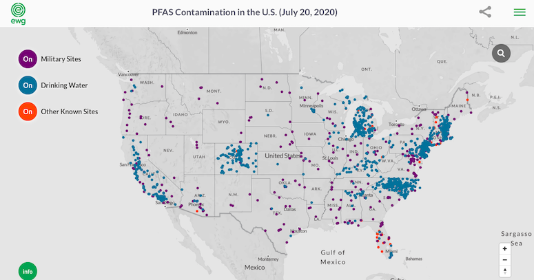 screenshot of map of PFAS contamination in the U.S.