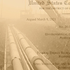 A hazy, orange image of a construction vehicle next to a pipeline, with text from a court case overlaid