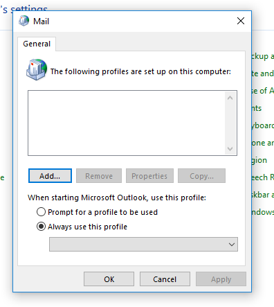 Outlook profile menu