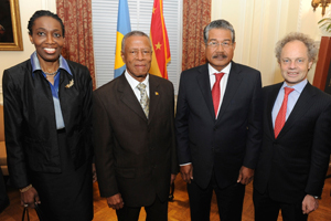 (Left to Right) Ambassador Dessima Williams, Prime Minister Tillman Thomas, President Johnson Toribiong, Dean Richard Revesz