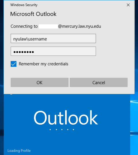 outlook launch credentials input