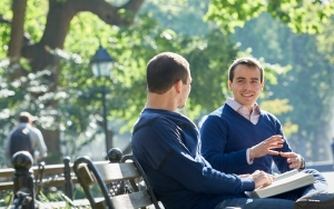 Candid photo of NYU Law students talking