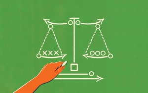 Illustration of scales of justice in the style of football play drawings