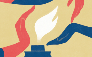 blue and red hands keeping a flame alive