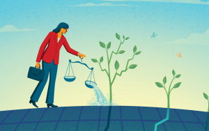 Woman watering plants with scales of justice.