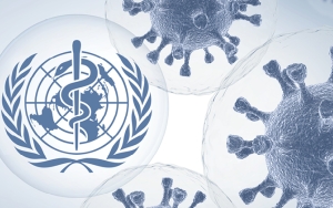 COVID-19 cells and the World Health Organization logo