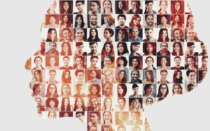 Collage of portraits in the shape of a human head