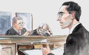 Courtroom sketch of Nathan Wessler arguing before judges