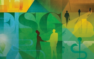Illustration of wind turbines, city skyline and figures walking into a factory.