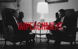 Nixon and Clinton sitting in chairs talking