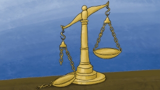 a graphic of gold scales of justice on a brown table. The background is blue. 