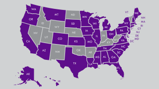 Map of the United States with JD entering class stats marked in purple
