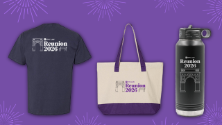 Reunion 2026 Merchandise including custom t-shirt, zippered tote, and metal bottle.