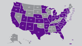 Map of US with 37 states shaded in purple representing where JD students hail from