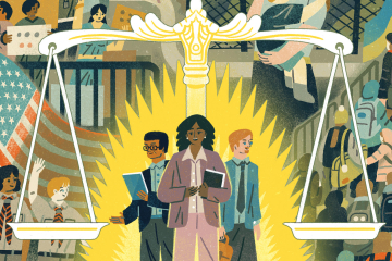 Illustration of lawyers in front of the scales of justice and a collage of various clientele