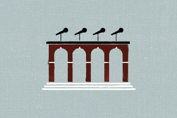 Illustration of arches with row of microphones on top to represent discussion