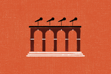 Illustration of arches with row of microphones on top to represent discussion