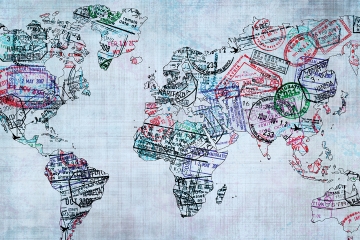 Map of the world composed of passport stamps