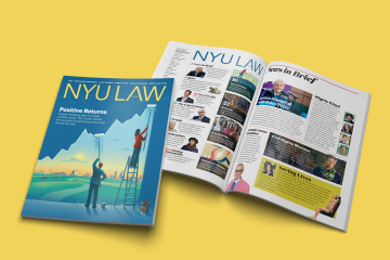 2026 NYU Law Magazine cover and open spread
