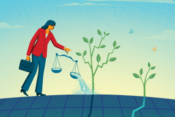 Woman watering plants with scales of justice.