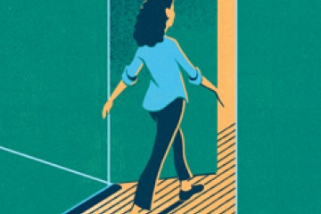 Illustration of a female figure walking through a doorway where the wall is a map of North America