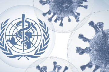 COVID-19 cells and the World Health Organization logo