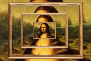 A series of copies of paintings of the Mona Lisa on top of one another