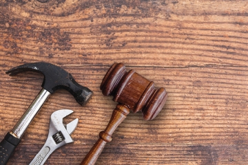 Hammer, wrench, and gavel on wooden surface