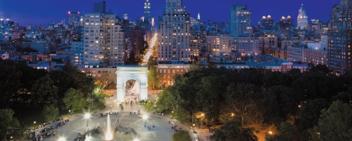 Aerial view of Washington Square Park at night