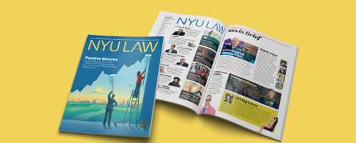 2026 NYU Law Magazine cover and open spread