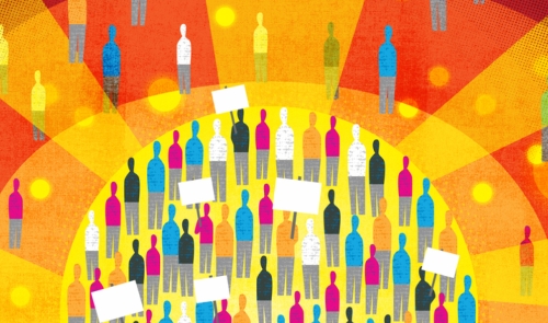 Artwork of a people gathered