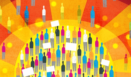 Colorful illustration of people gathered in circle with protest signage