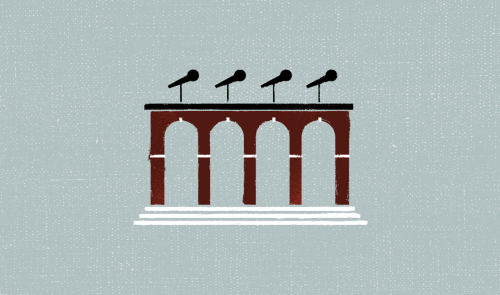 Illustration of arches with row of microphones on top to represent discussion