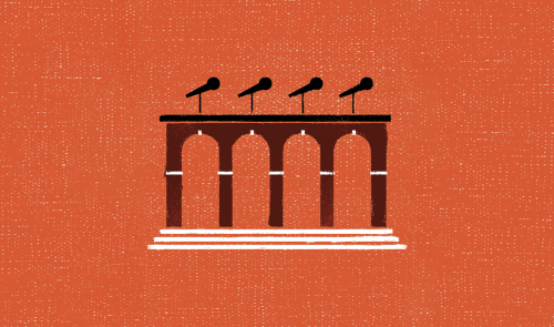 Illustration of arches with row of microphones on top to represent discussion