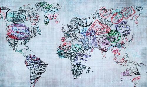 Map of the world composed of passport stamps