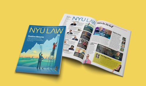 2026 NYU Law Magazine cover and open spread