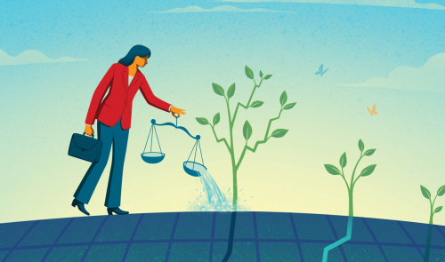 Woman watering plants with scales of justice.