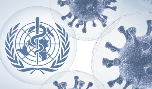 COVID-19 cells and the World Health Organization logo