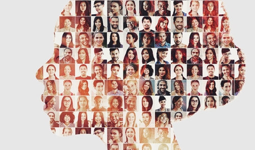 Collage of portraits in the shape of a human head