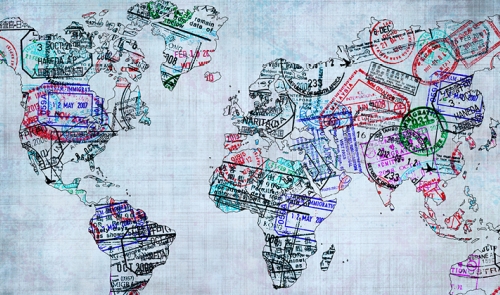 Map of the world made up of immigration stamps