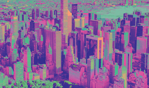 City skyscrapers tinted green and red