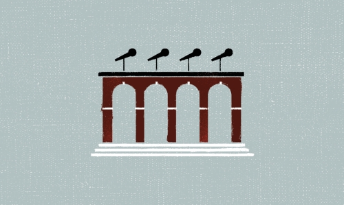 Illustration of arches with row of microphones on top to represent discussion