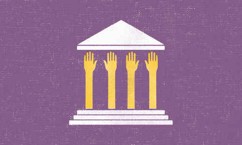 Illustration of federal building with hands as columns to represent public interest