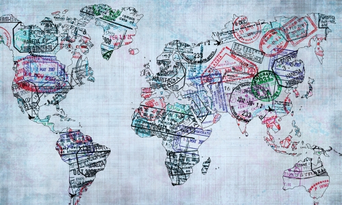 Map of the world composed of passport stamps