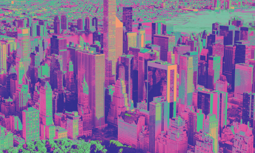 City skyscrapers tinted green and red