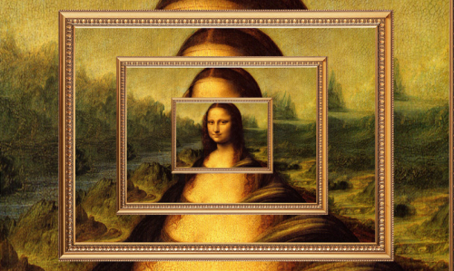 A series of copies of paintings of the Mona Lisa on top of one another