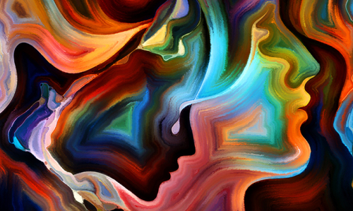Artwork of human profiles, one with a tear.