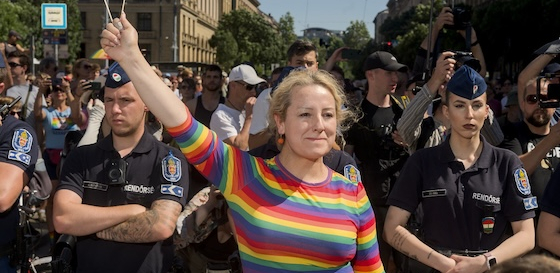 Person displays pride flag in front of police